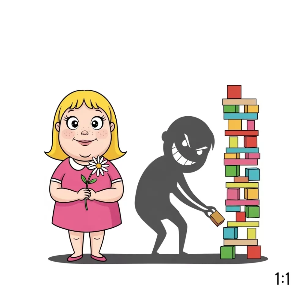 Girl with flower unaware of a shadow figure removing a Jenga block, representing conniving.