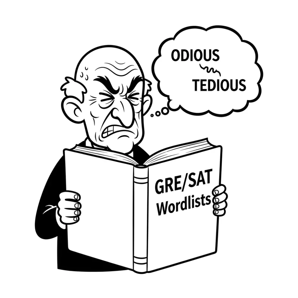 Angry man reading GRE/SAT wordlists, thinking "odious" and "tedious.