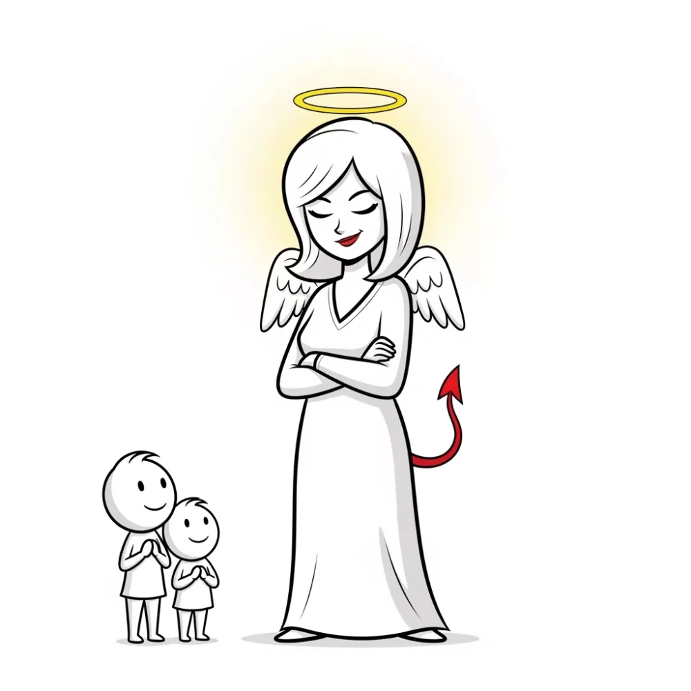 Angel with devil tail, halo and wings, in front of two small figures.