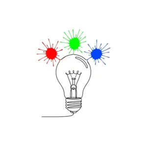 Lightbulb with red, green, and blue paint splatters, representing ideas and creativity.