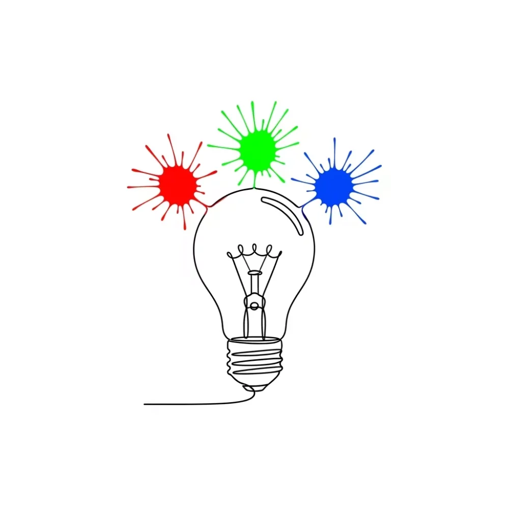 Lightbulb with red, green, and blue paint splatters, representing ideas and creativity.
