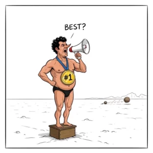 Cartoon of a muscular man with a "#1" medal shouting into a megaphone, the word "BEST?" above him.