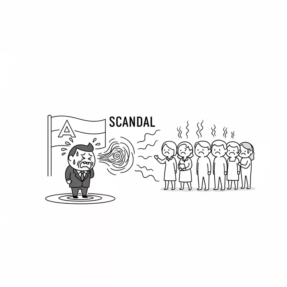Cartoon depicting a scandal. A man is sweating and expelling a spiral of "scandal" towards a distressed group.
