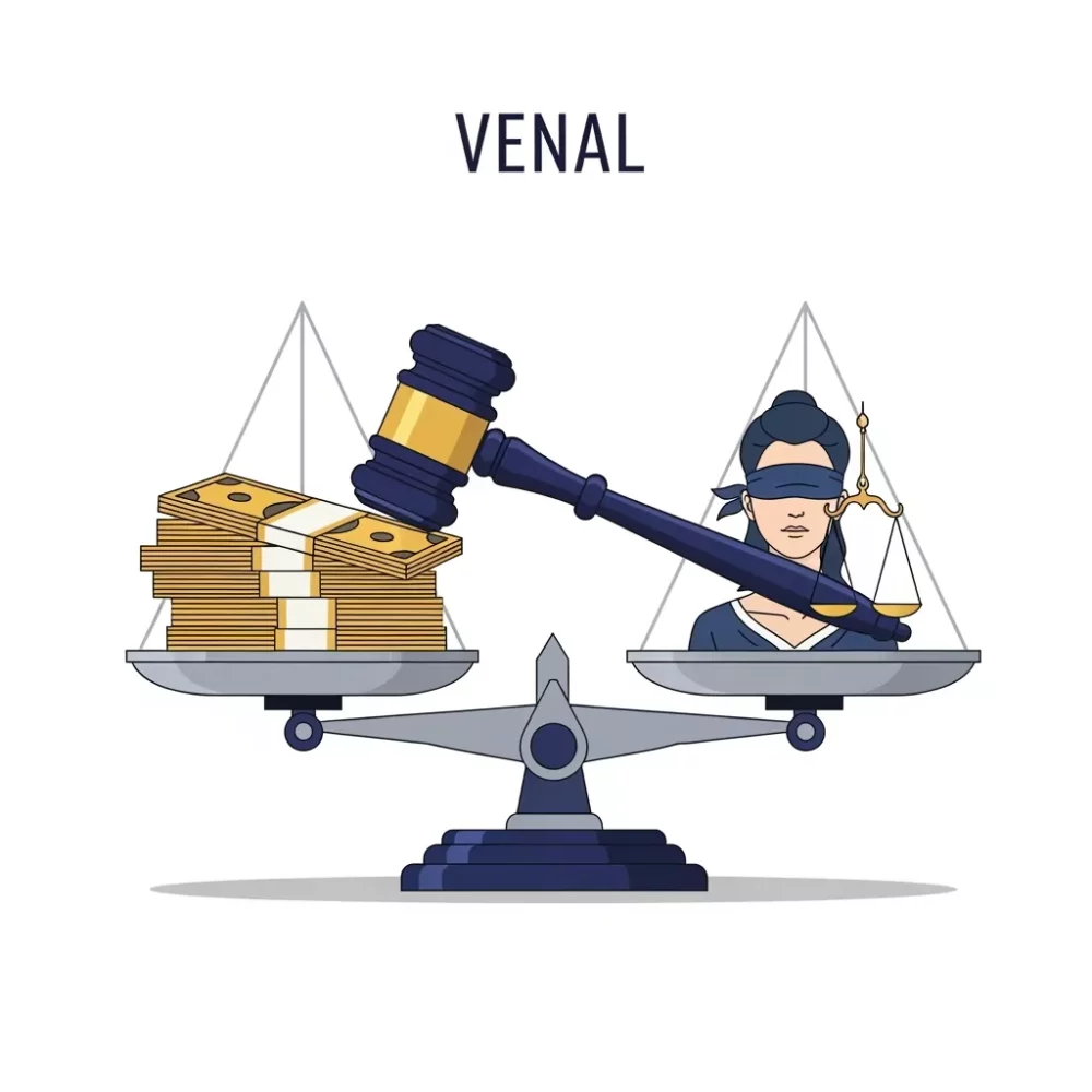 Image illustrating venal concept: Scales of justice with money outweighing Lady Justice, a gavel, and the word "VENAL".