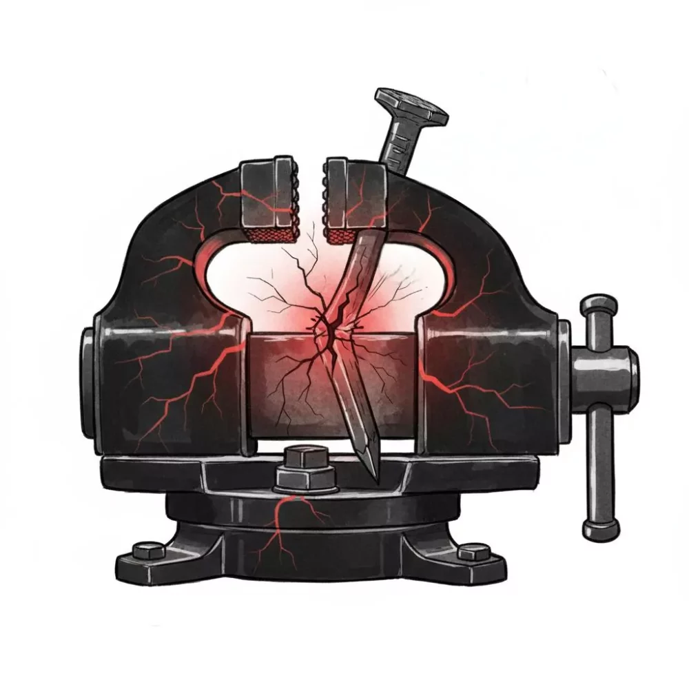 A vise crushing a nail, with cracks and red glowing light.