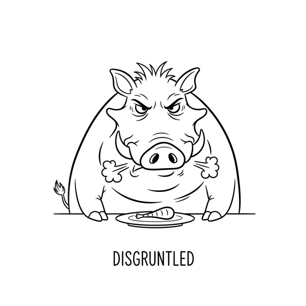Cartoon warthog looking disgruntled at a plate of food. Text reads: Disgruntled.