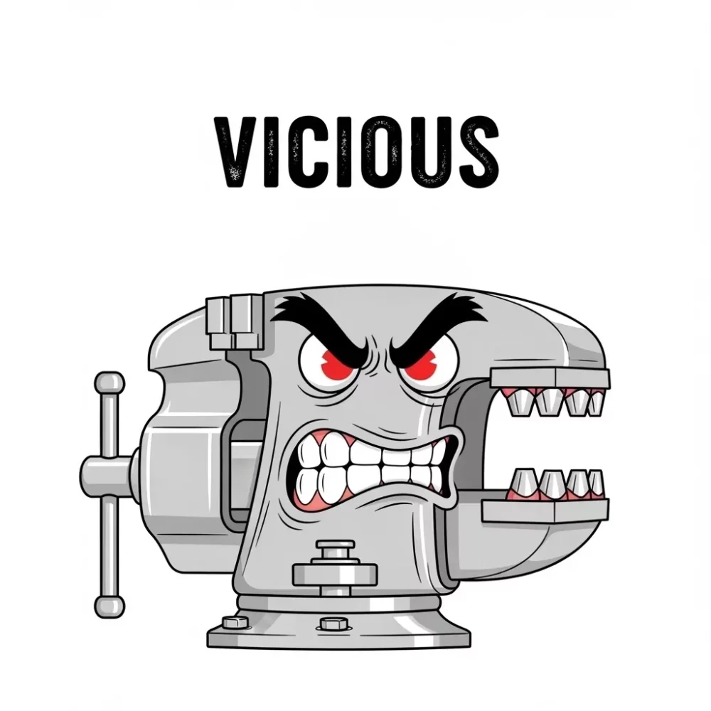 Cartoon illustration of a metal vice with an angry face, labeled "VICIOUS