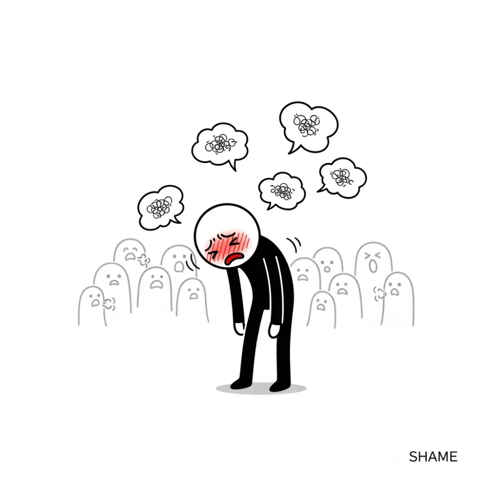 Illustration depicting shame: A person with a flushed face, head bowed, surrounded by judgmental figures and thought bubbles.