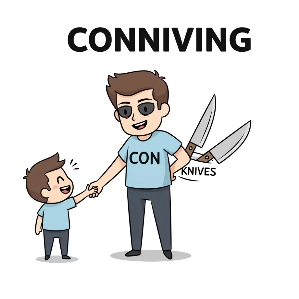 Illustration depicting "conniving" with a man shaking hands while hiding knives behind his back. "Conniving" is written above.