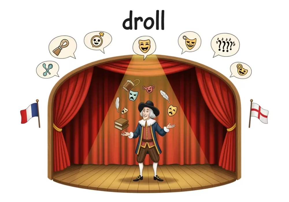 Man juggling props on stage, illustrating "droll" (ตลกแปลกๆ)