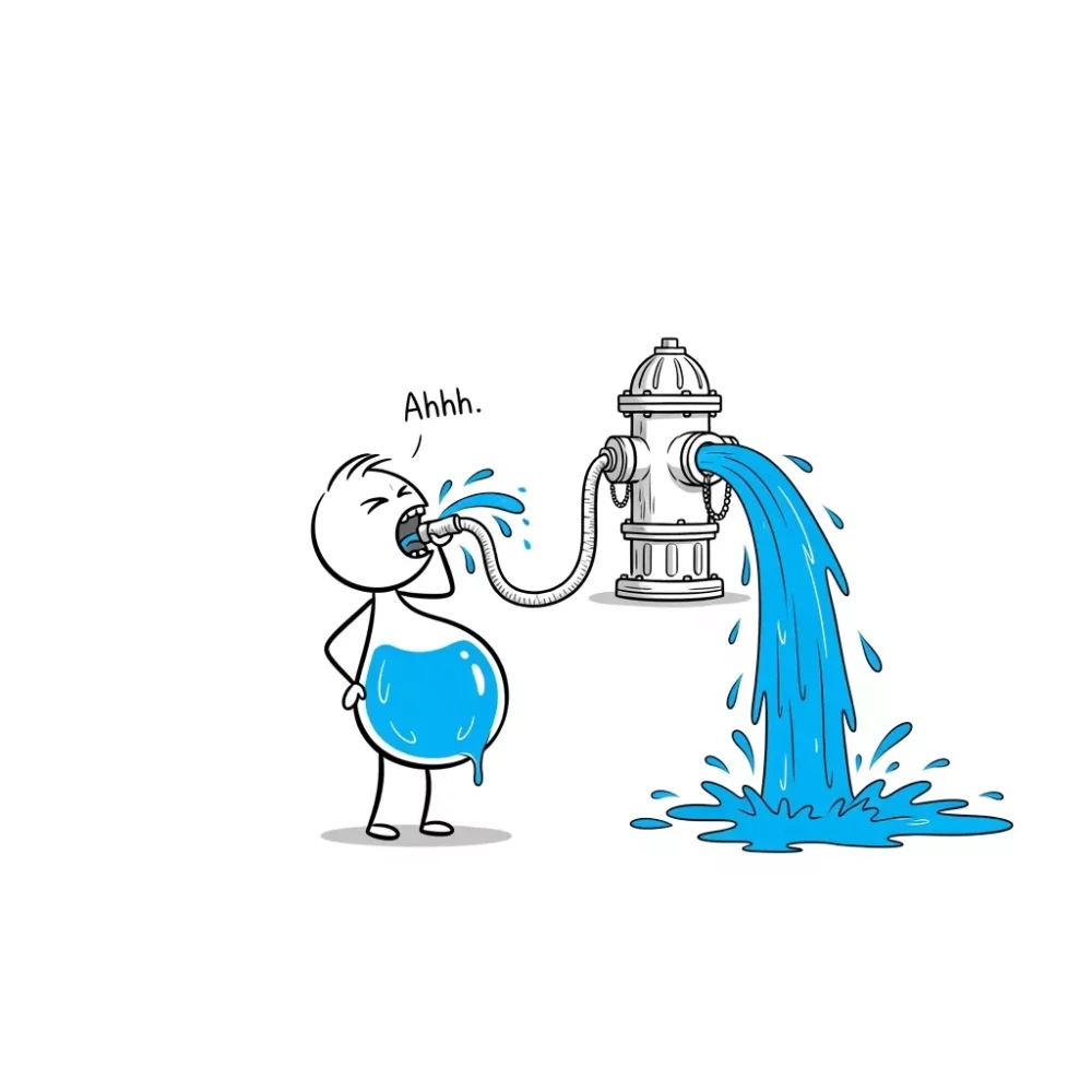 Cartoon person drinking water from a fire hydrant, with water flowing out of their belly. Ahhh.