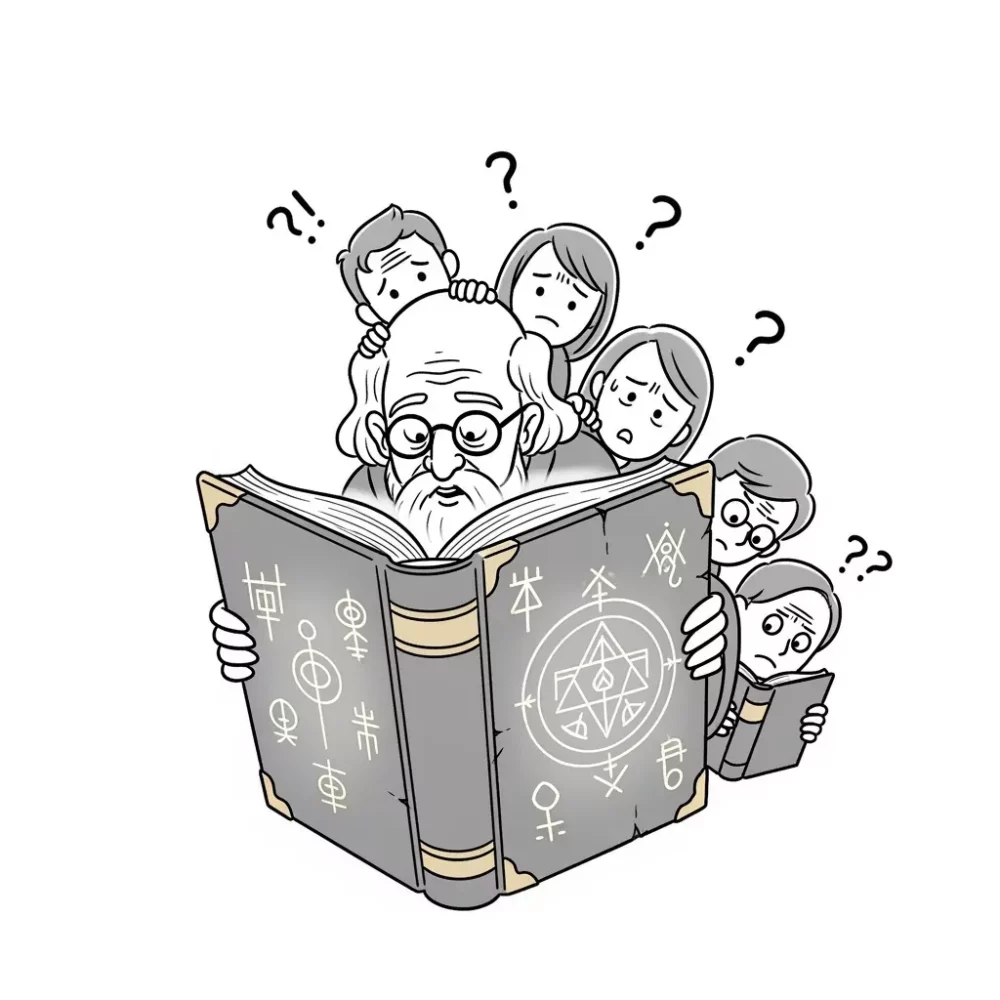 Elderly man reading a mysterious book, surrounded by curious onlookers. Esoteric knowledge.