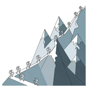 Hikers ascending a steep mountain, representing the arduous journey.