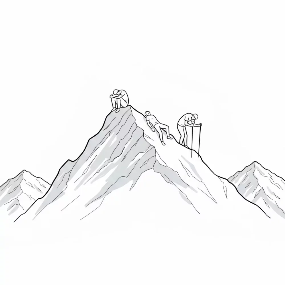 Climbers struggling on a steep mountain, representing arduous challenges.