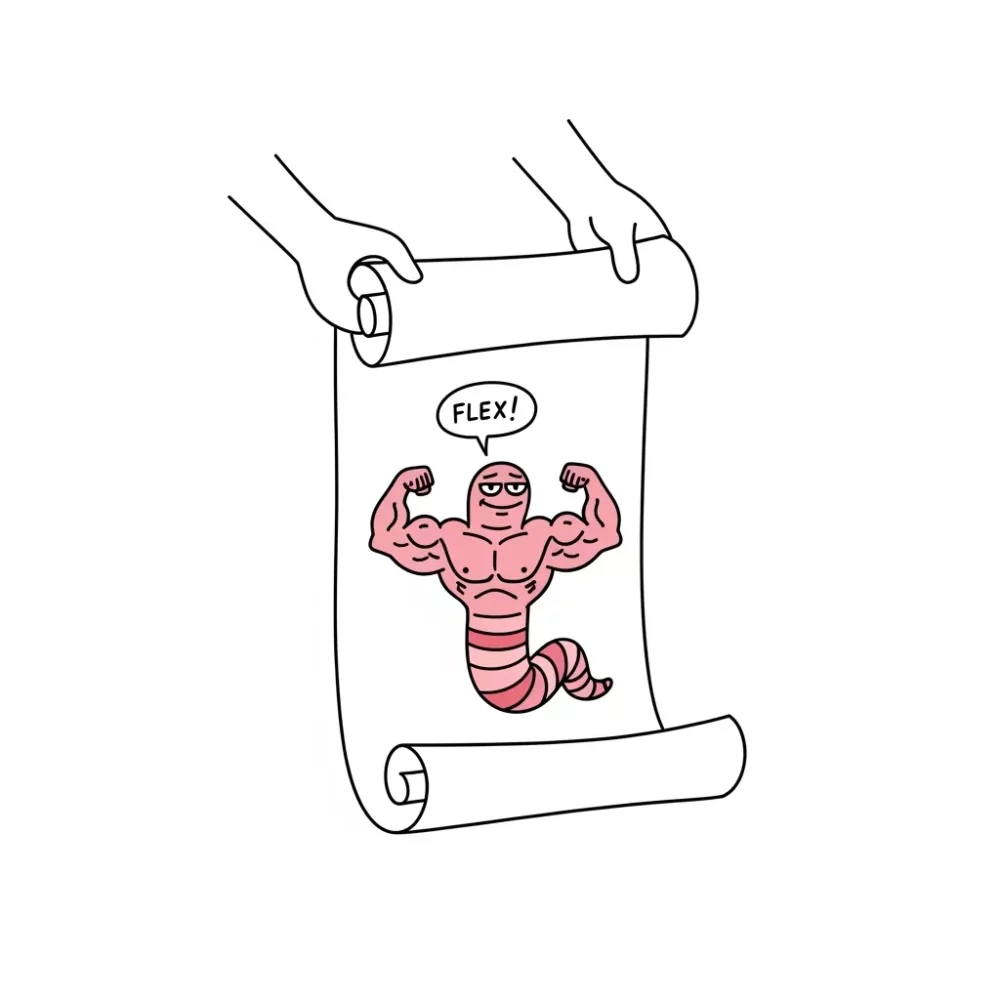 A muscular worm flexing on a scroll, with the word "FLEX!" in a speech bubble.