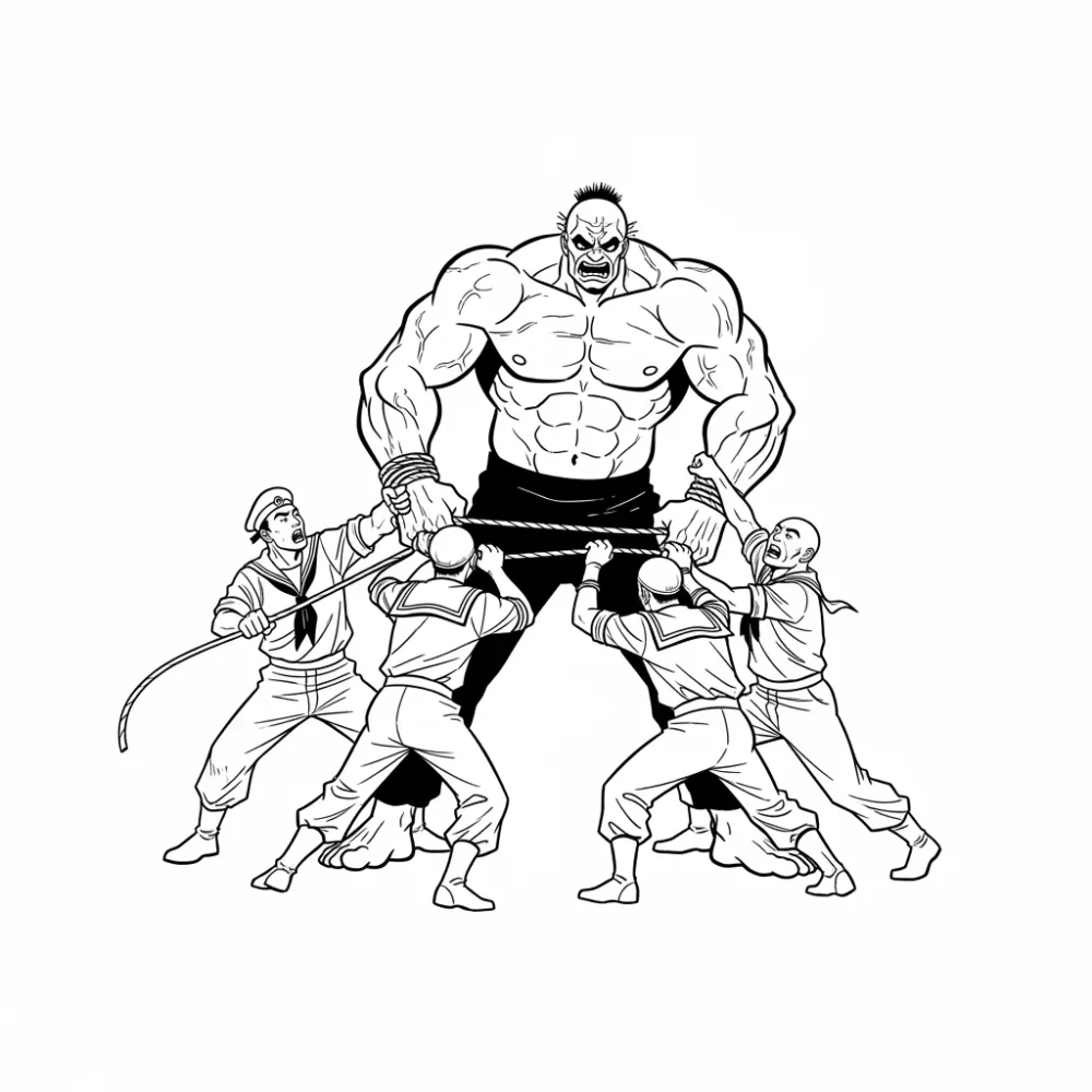 Sailors struggle to restrain a powerful figure.