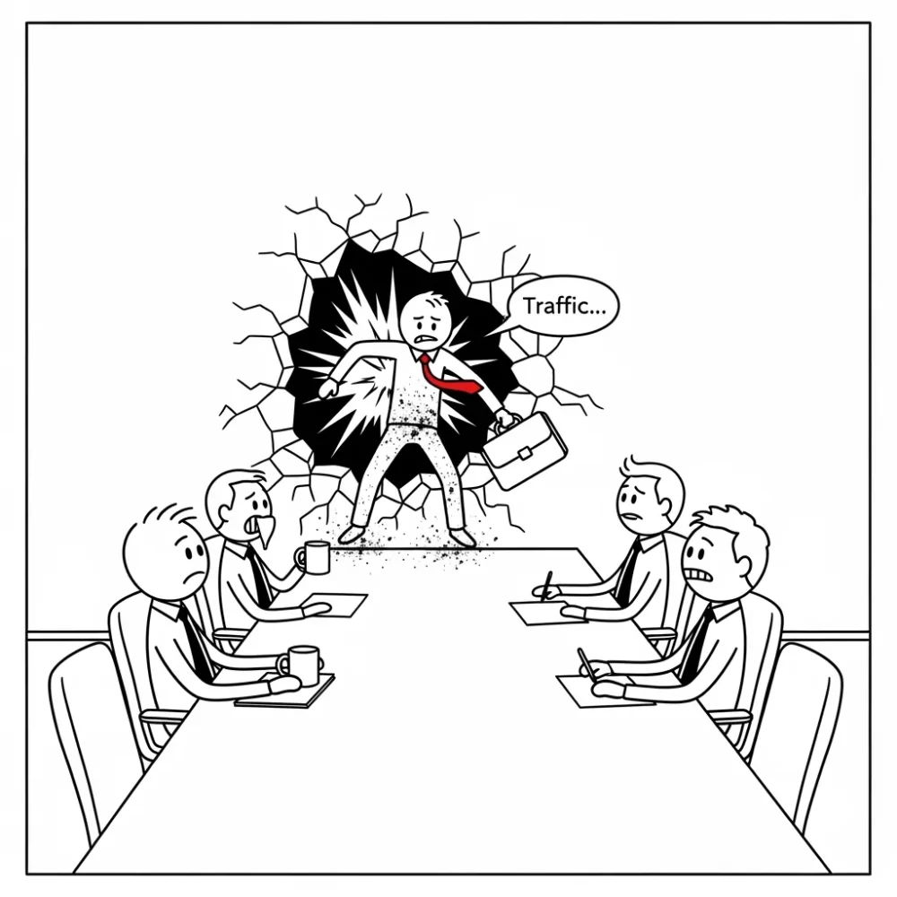 Late businessman bursts into meeting, citing traffic delay.