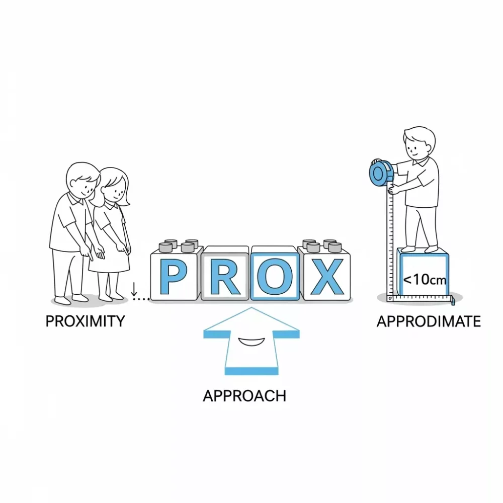 Visual explaining PROX: Proximity, Approach, and Approximation, with a measurement of less than 10cm.