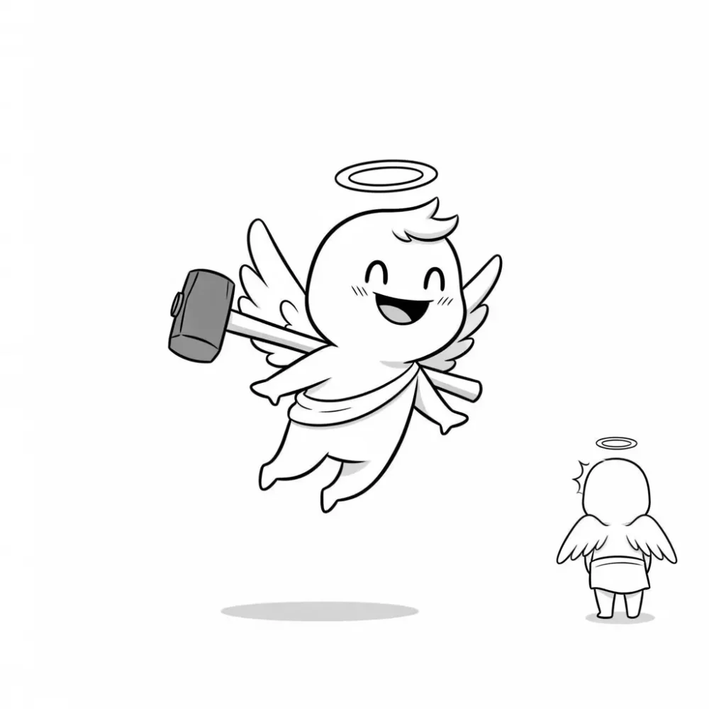 Cartoon angel with a hammer, smiling, with halo. Smaller angel in background.