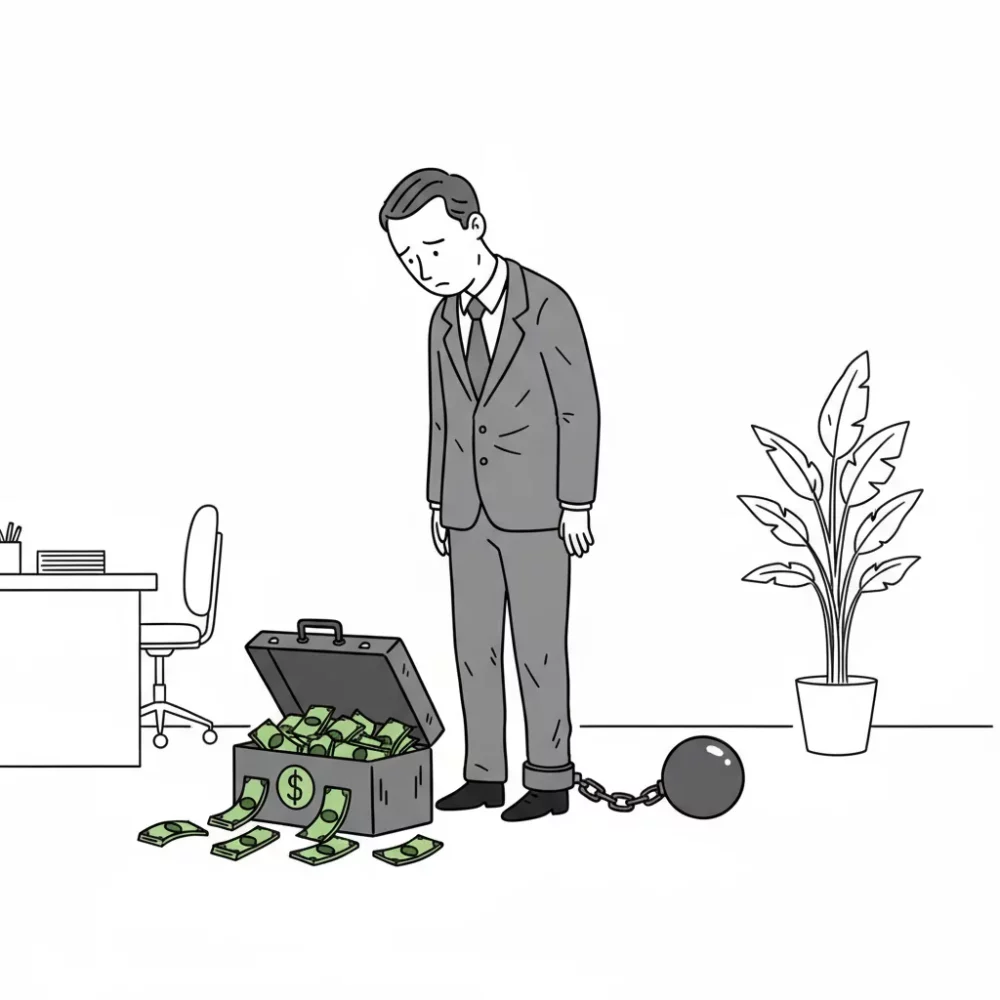 Man in suit chained to ball and chain, with briefcase full of money, illustrating being chained to money.