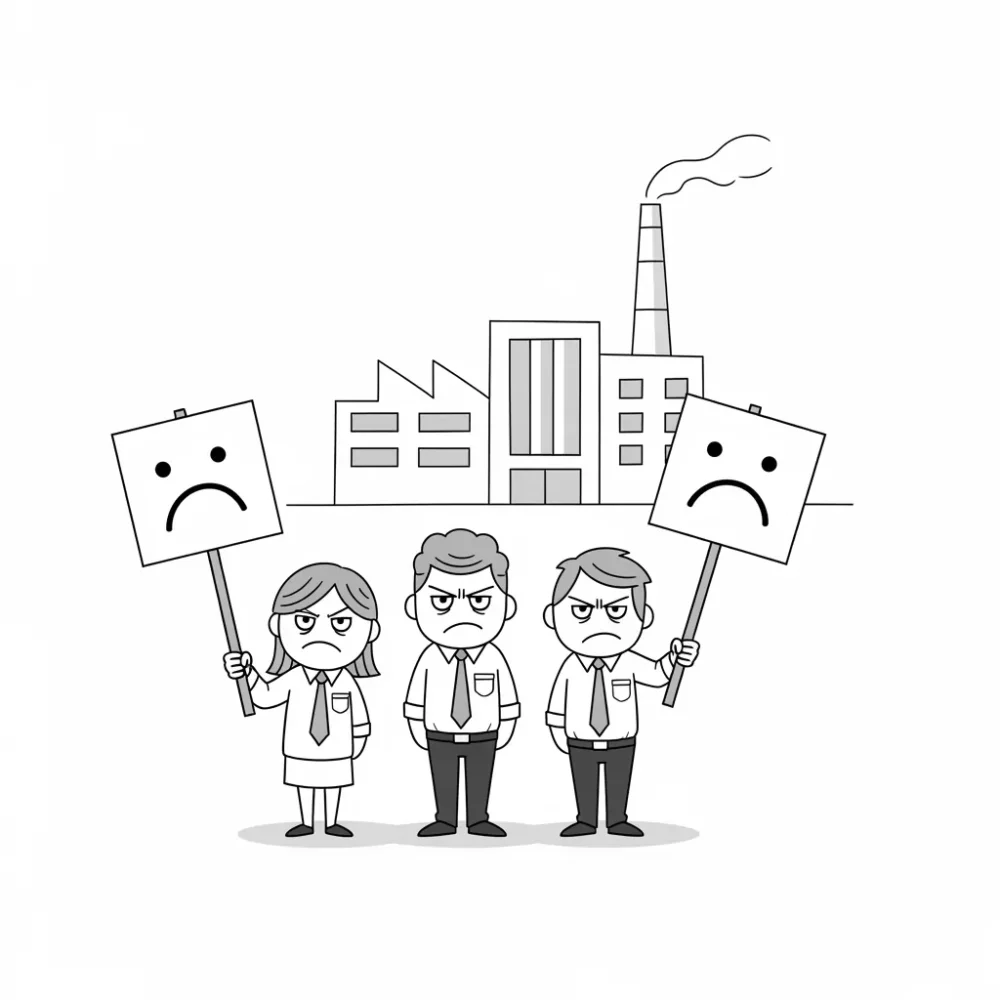 Protestors with sad faces, expressing discontent near a factory.