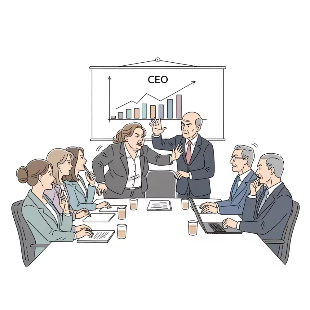 Business meeting with heated argument in front of a CEO presentation, "CEO" on screen