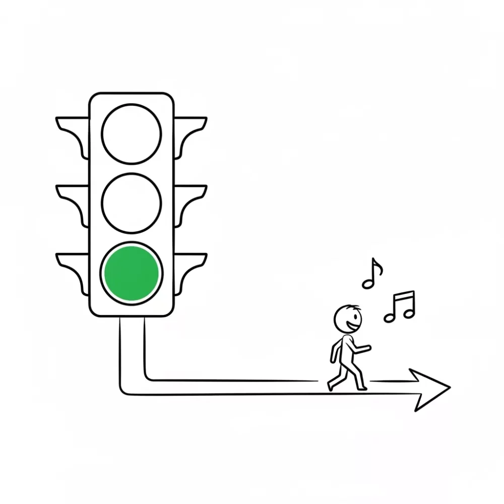 Green traffic light with a stick figure walking happily towards the right, music notes