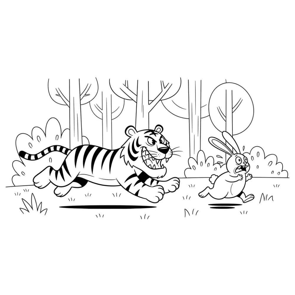 Tiger chasing rabbit in a forest scene, representing "vicious" concept.