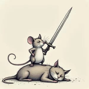 A brave mouse wielding a sword stands over a sleeping cat, representing VALOR.