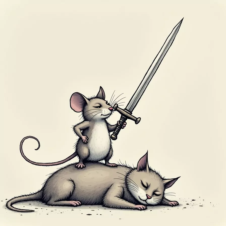 A brave mouse wielding a sword stands over a sleeping cat, representing VALOR.