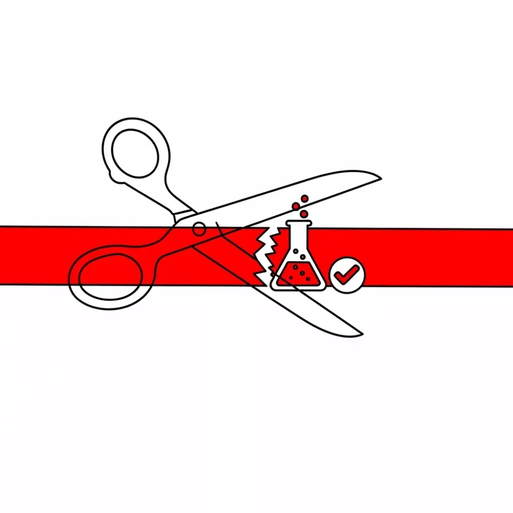 Scissors cutting a red ribbon with a beaker, symbolizing the end of chemical processes.