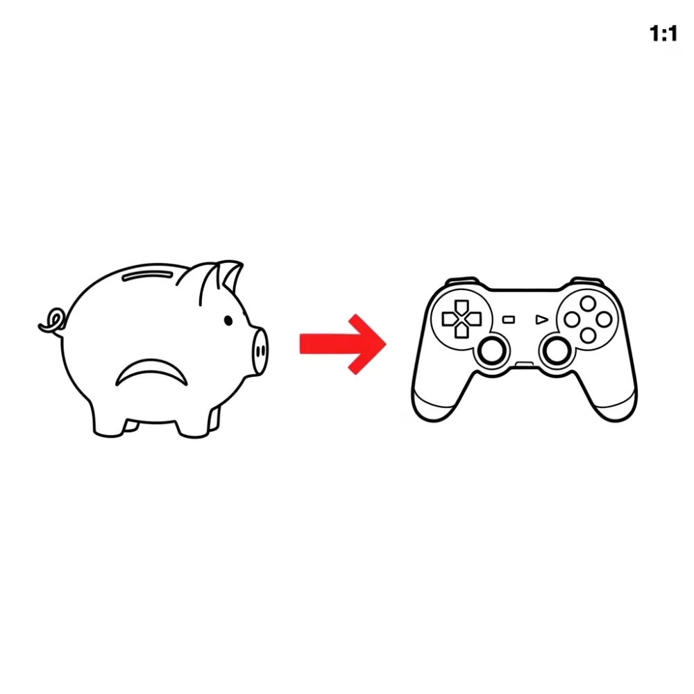 Piggy bank transforming into a video game controller, representing spending.