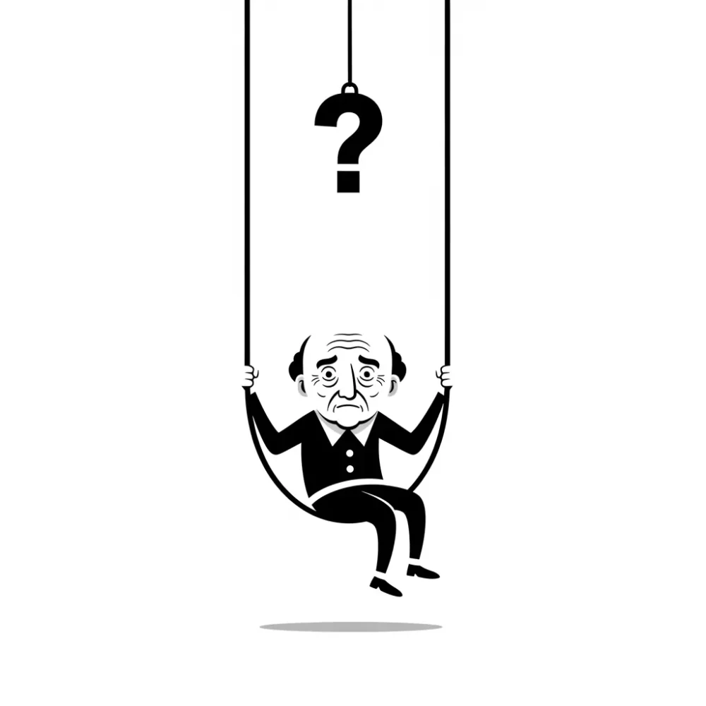 Anxious elderly man on a swing under a question mark, reflecting the 'หย่อนๆ' concept.