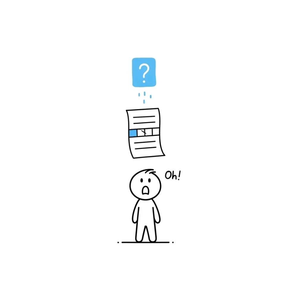 Stick figure surprised by a document with a highlighted section; question mark above.