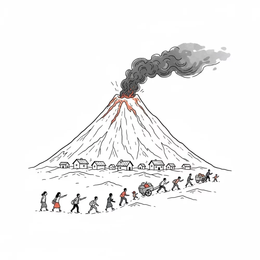 People fleeing a volcanic eruption, with houses in the foreground. จวนเจียน: imminent.