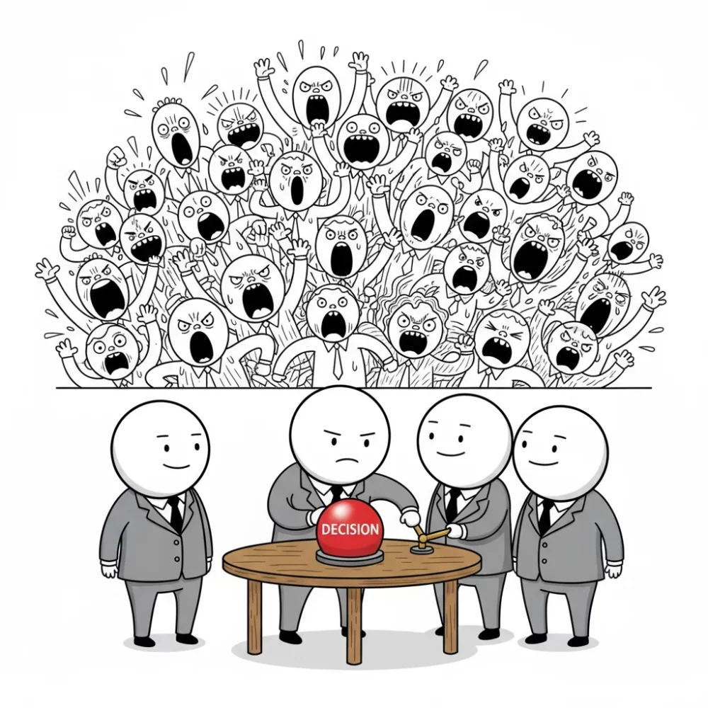 Businessmen about to make a decision as a crowd of angry people scream above them.