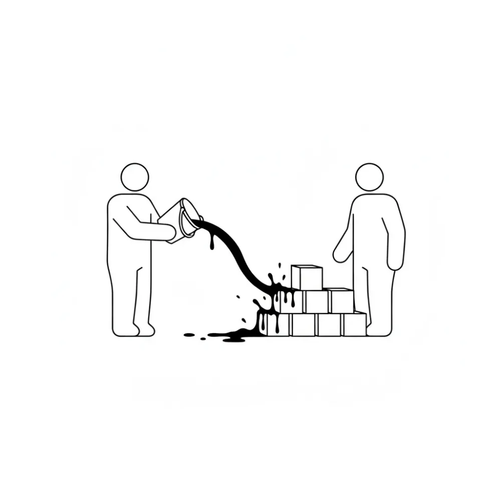 Person pouring black liquid, denigrating blocks, representing reputation damage.