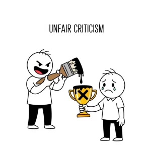 Angry figure painting a trophy with black paint, illustrating unfair criticism. The trophy has an X on it.