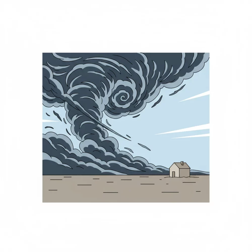 Tornado approaching a small house in a field. A scene of imminent danger.