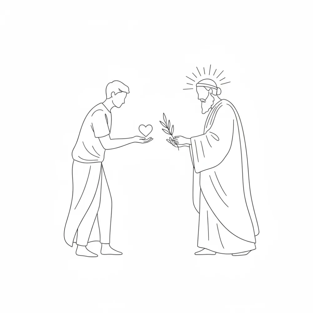 Man offering a heart to a robed figure holding a branch, possibly representing faith or charity.