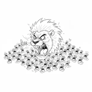 Angry lion roaring, surrounded by small screaming faces.