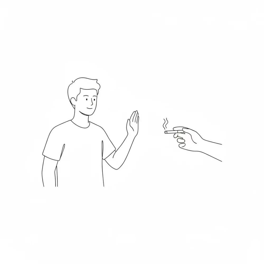 Person refusing a cigarette. Eschew: หลีกหนีอย่างตั้งใจ (Avoidance concept).