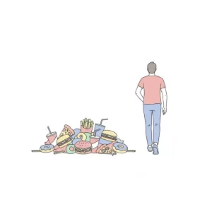 Person Eschew from a pile of fast food: burger, fries, pizza, donuts, and drinks.