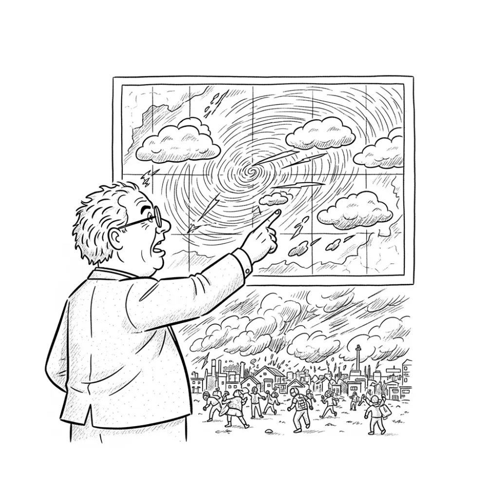 Weather forecaster points at a hurricane map, with people fleeing the storm.