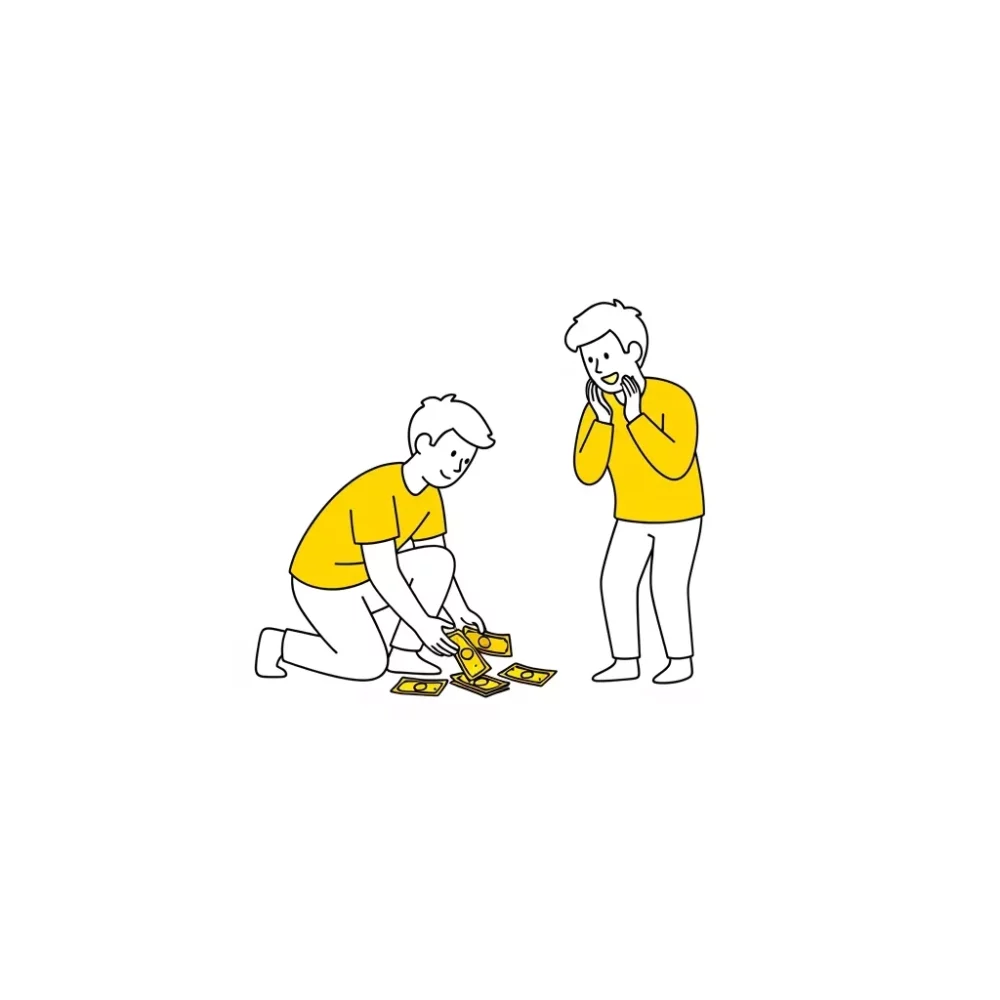 Two men in yellow, one counting money on the floor, the other looking surprised.