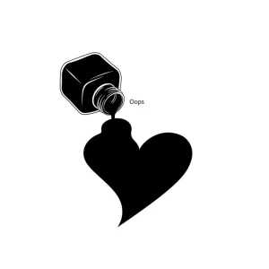 Ink bottle spilling black ink into a heart shape; Oops text