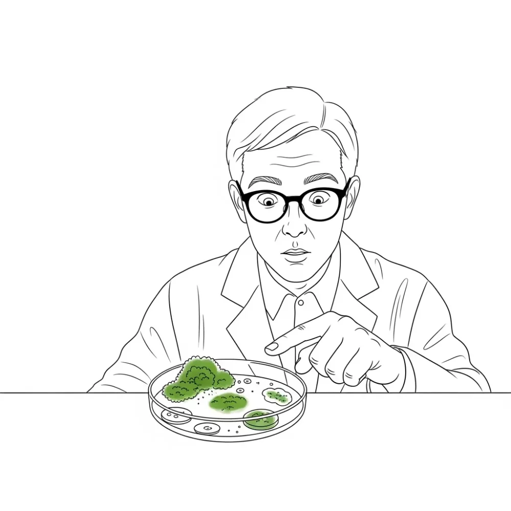 Scientist examines petri dish with green microbial growth, looking surprised.