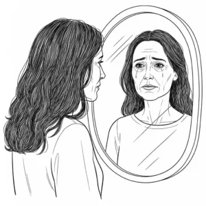 Woman looking in mirror, crying. Reflects woeful expression, sadness.