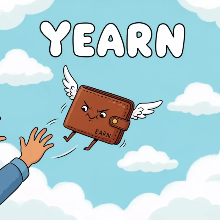 Cartoon wallet with wings flying away from a man, labeled "Earn.