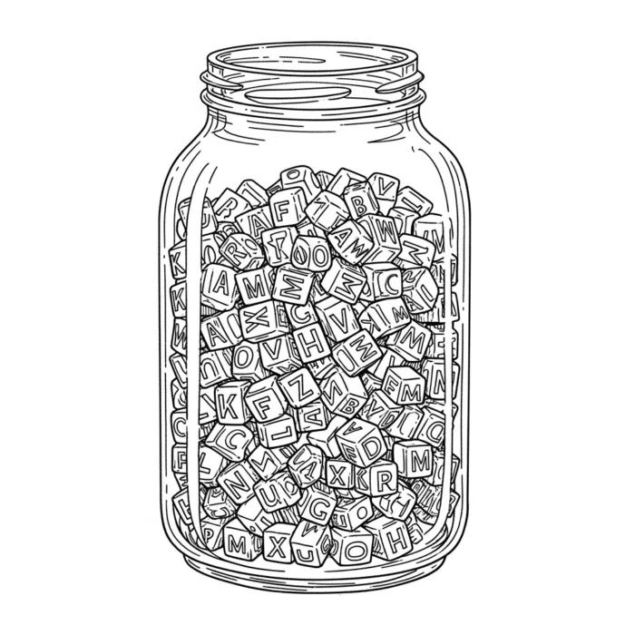 Jar filled with letter blocks. "Dens แน่นปั้ก จำง่ายไม่ลืม" could relate to remembering letters.